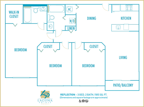 3 bedroom 2 bath 2D floor plan at Laguna Pointe, Pompano Beach, FL 33060